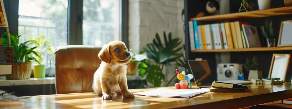 in a well-lit, modern office setting, a prospective puppy buyer engages in a thoughtful discussion with a reputable breeder, showcasing a small, playful puppy on a polished wooden desk. the scene captures the anticipation and excitement of selecting a new pet, emphasising the importance of dialogue; the breeder gestures towards detailed health records neatly organised in a binder beside the puppy. surrounding them, shelves lined with pet care books and colourful toys reflect a commitment to ethical breeding practices, while a large window allows natural light to flood the room, enhancing a warm, inviting atmosphere. this composition, shot with a sony a6100 and a sony e pz 18-105mm f4 g oss lens, utilises ai-driven autofocus to capture the perfect moment, framed with a slight zoom to focus on the interaction, and employing bright, vibrant colours. the lighting is primarily sourced from the window, supplemented with soft overhead illumination for a welcoming feel, encapsulating the joy and care involved in finding the right puppy.
