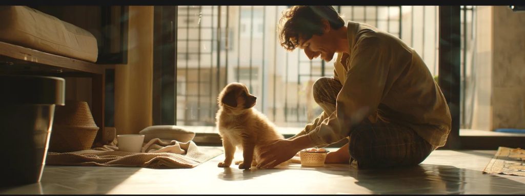 a bright and inviting puppy evaluation setting in a professional indoor space, showcasing a prospective pet owner gently inspecting a healthy, lively puppy with a glossy coat and bright eyes, surrounded by indicators of care such as nutritious food bowls and comfortable bedding. the room is well-lit by soft, natural daylight streaming through large windows, creating a warm atmosphere that highlights the puppy's playful demeanor and the owner's engaged expression. the scene includes vibrant colours that evoke a sense of happiness and optimism, ensuring a clear focus on the bond between human and puppy. the room is styled in a contemporary manner, with clean lines and minimal clutter to convey a professional yet homely vibe. the use of photorealistic detail captures the texture of the puppy's fur and the quality of the surroundings, making the scene relatable and aspirational for potential pet owners. camera settings: shot with a canon eos r5 using a 24-70mm f/2.8 lens, ai-driven autofocus, in 4k resolution. the perspective is slightly above eye level, zoomed out to capture the whole scene, while ensuring the puppy and owner are the focal points. lighting is enhanced by emphasizing natural light, with soft shadows to add depth and texture to the overall composition. the colour palette consists of warm pastels that create an inviting and cheerful mood.