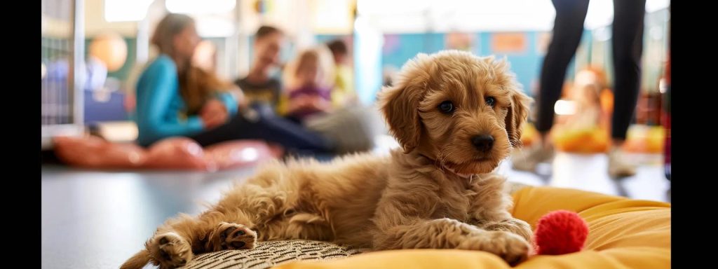 in a bright, welcoming adoption centre in spring hill, a variety of cheerful and playful puppies are showcased in a spacious indoor environment, with colourful adoption posters adorning the walls, soft cushions scattered on an inviting floor, and volunteers interacting lovingly with the animals, creating an atmosphere that bursts with compassion and hope. the scene captures a close-up view of a fluffy golden retriever puppy snuggling playfully with a bright red toy amidst a backdrop of smiling families considering adoption, framed by large windows that let in warm, natural light, accentuating the joyful and heartwarming essence of puppy adoption. the image should depict a warm colour palette with soft yellows, blues, and pastel tones, evoking feelings of happiness and kindness. shot with a canon eos r with a 24-70mm f2.8 lens, the image should have an aperture set to f4 for a balanced depth of field, ensuring the puppy is the focal point while still capturing the engaging atmosphere of the centre around it, with natural light bathing the scene in a gentle glow, ideal for conveying the emotional connection and excitement of potential pet owners.