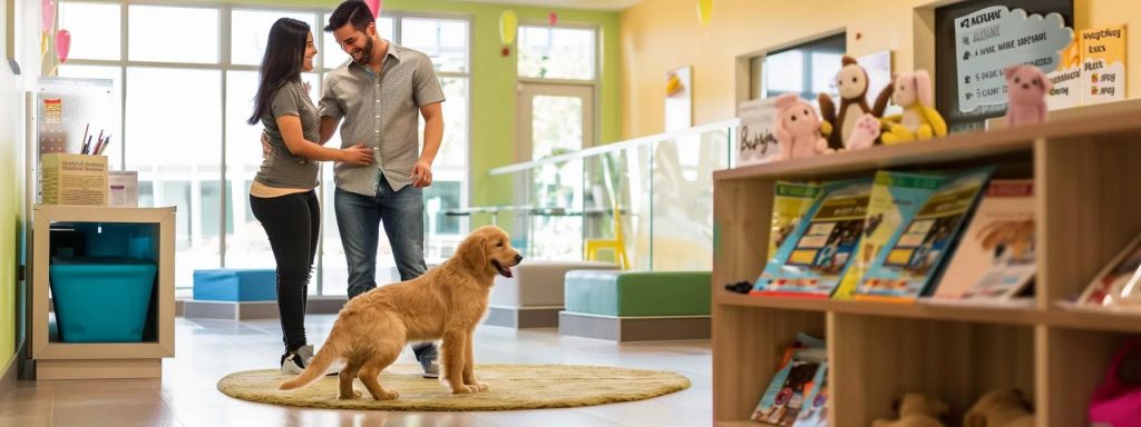 in a bright and inviting indoor setting resembling a modern pet adoption service, a young couple stands anxiously yet excitedly in front of a designated puppy gathering area, where a playful golden retriever puppy eagerly interacts with them, displaying its health and liveliness; the couple has a look of determination and joy, with a neatly arranged backdrop showcasing informational pamphlets on responsible puppy buying practices and adoption resources, ensuring a warm and welcoming atmosphere filled with colourful cushions and toys. the scene features the following attributes for high-quality visualization: 1. **visual elements**: - a vibrant golden retriever puppy. - a young couple (diverse ethnicity) radiating joy. - informational pamphlets clearly displayed. - colourful cushions and pet toys. - a cheerful indoor environment with soft flooring. - warm lighting creating an inviting atmosphere. - a glass partition to signify a pet-friendly area. - shelves filled with puppy care products. - well-maintained hygiene stations for pet care. - a digital screen displaying adoption success stories. 2. **engaging elements**: - puppy play area adorned with toys enhancing the visual appeal. - large windows filtering in ample cheery light. - subtle paw print patterns on the floor to add charm. - an interactive screen showing a slideshow of adopted pets. - wall-mounted visuals promoting puppy care tips. 3. **mood and tone**: - the scene highlights warmth, optimism, and excitement, engaging prospective pet owners' emotions. 4. **visual metaphors**: - the puppy as a symbol of new beginnings and companionship. - pamphlets representing knowledge and responsible ownership. - the couple embodying the commitment and joy of pet adoption. 5. **perspective and composition**: - a wide-angle view capturing the couple and puppy as the focal point. - a slight upward angle to showcase the inviting space. - close-up on the puppy with blurred background to emphasize its energy. 6. **color palette and lighting**: - a bright and cheerful palette with yellows, soft greens, and pastel hues. - natural light with playful shadows enhancing warmth and friendliness. 7. **artistic style**: - photorealistic style to emphasize detail and realism in the characters and environment. 8. **technical specifications**: - shot with a sony a6400 with a 16-50mm lens, ai-driven autofocus. - perspective: zoom out 1.5x to capture the interaction dynamically. - lighting: bright natural illumination, with key lights aimed to accentuate the joyful and welcoming atmosphere. this detailed scene will effectively capture the essence of choosing a healthy puppy and the joy found in adopting a pet, ensuring a bright and engaging visual experience.